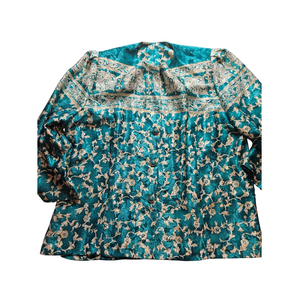 Pablo Collection Vintage Teal Gold Floral Jacquard Button Blouse USA 18WP